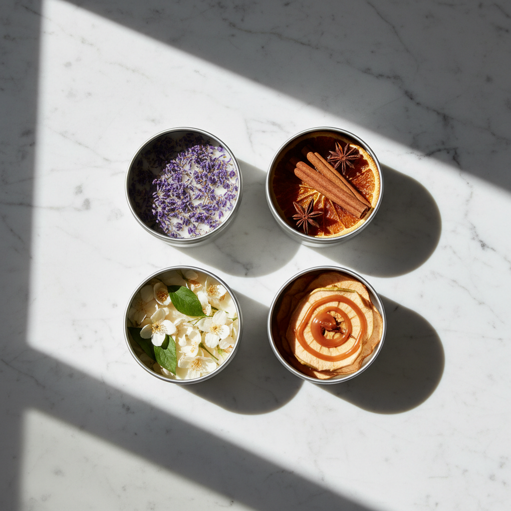 Cuatro velas de soja velavela en latas metálicas con elementos aromáticos naturales: lavanda, naranja con canela, jazmín y manzana con caramelo, dispuestas en cuadrícula minimalista sobre mármol blanco