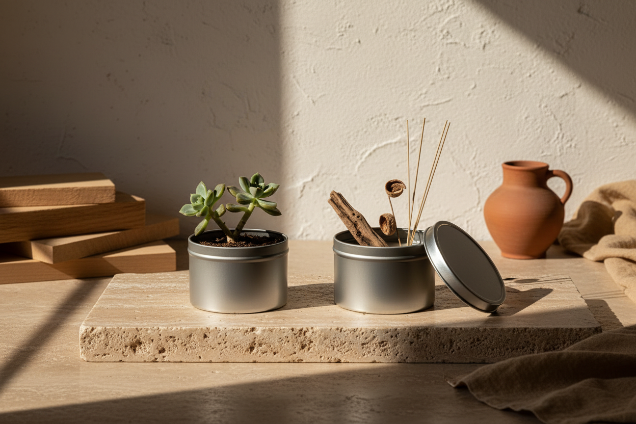 Latas de velas velavela reutilizadas como macetas y almacenaje - estilo Frama Copenhagen minimalista